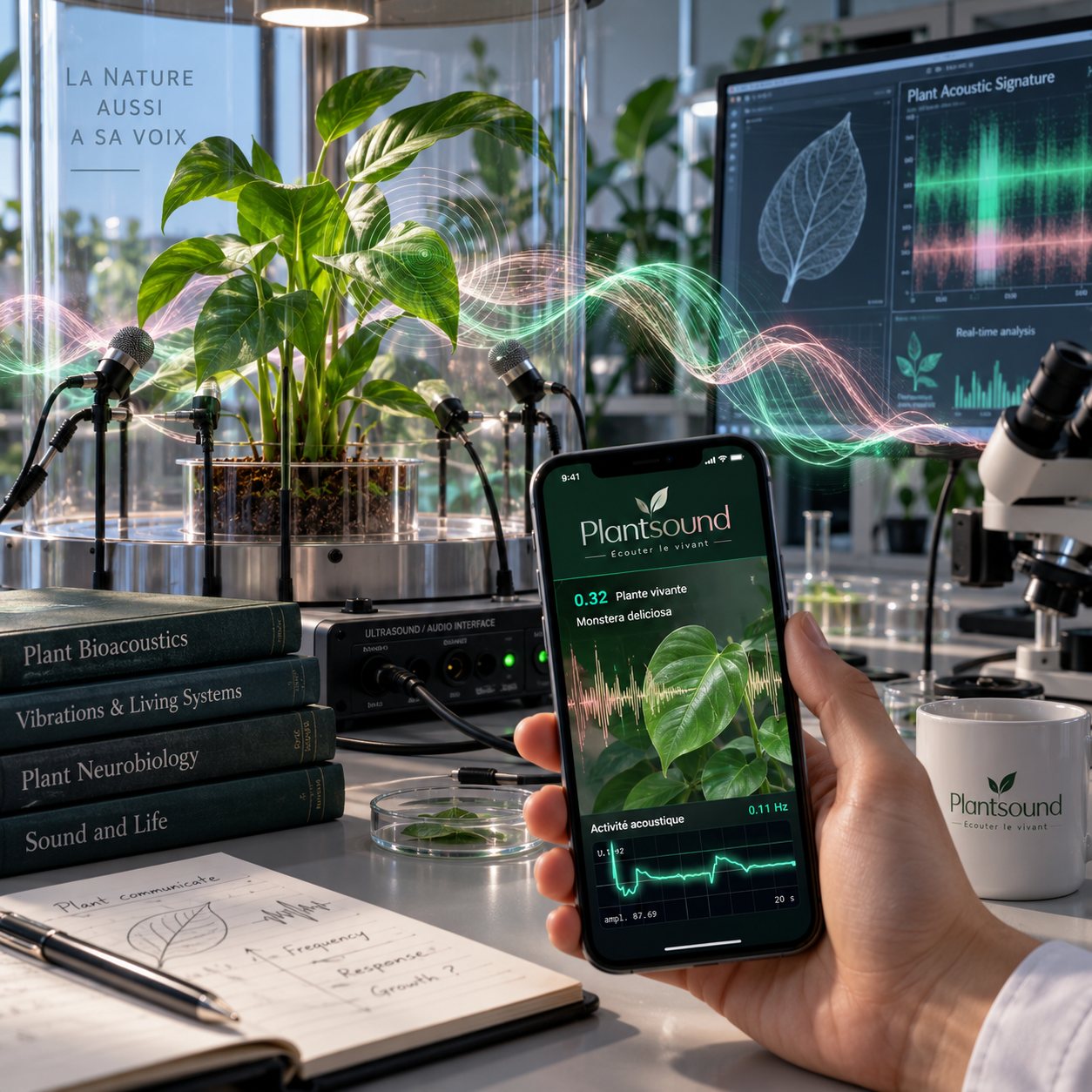 Plantsound en usage : le téléphone cadre le feuillage et la courbe défile