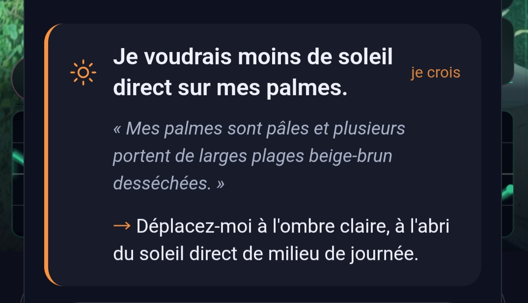 Une phrase rendue par Plantsound : « Je voudrais moins de soleil direct sur mes palmes », suivie du signe observé et du geste à faire
