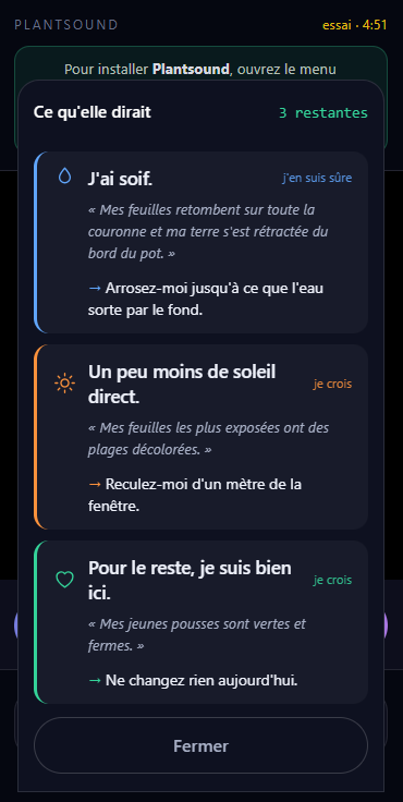 La fenêtre de Plantsound : trois phrases de la plante, chacune avec son signe observé et le geste à faire