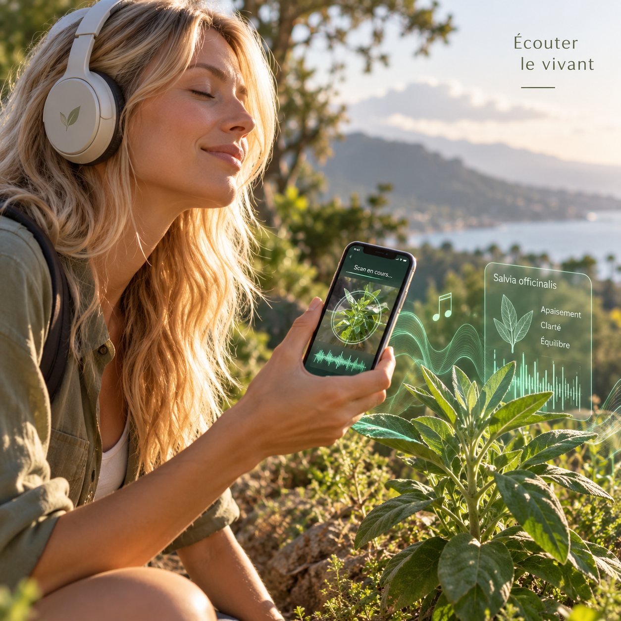 Une promeneuse écoute une sauge sauvage avec son téléphone, au casque